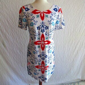 Boden Dress US 4 UK 8 Colorful Linen Short Slev White Red Blue Geometric Lined
